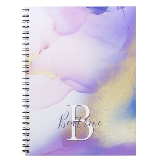 Glam Lila Gold Abstract Verf Elegant Monogram Notitieboek (Voorkant)
