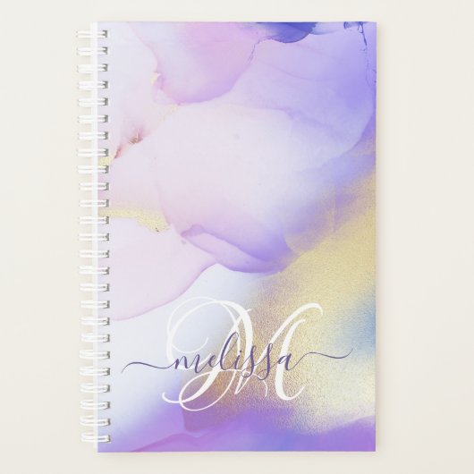 Glam Lila Gold Abstract Verf Elegant Monogram Planner (Voorkant)