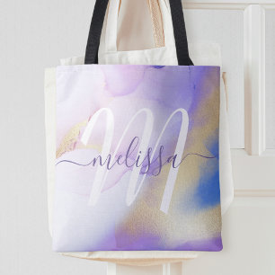 Glam Lila Gold Abstracte Verf Elegant Monogram Draagtas