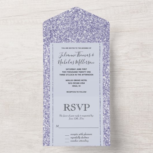 Glam Lila Lavender Paars Glitzy Glitter   All In One Uitnodiging (Binnen)