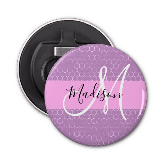 Glam Lila Metallic Pink Honeycomb Monogram Naam Button Flesopener (Voorkant)