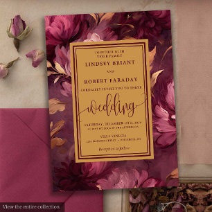 Glam Luxe Maroon Blush Gouden Bloemen Huwelijk Kaart
