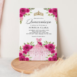 Glam Magenta Roze Jurk Bloemen 15e Quinceañera Kaart