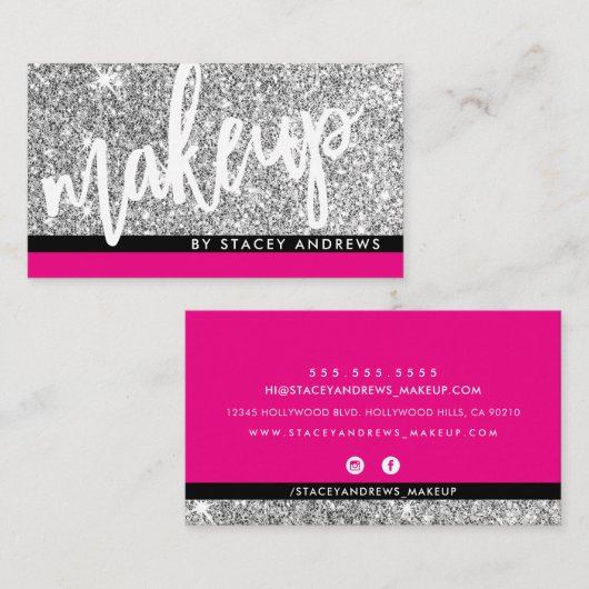 GLAM MAKE-UP penseelscript zilver glitter roze zwa Visitekaartje (Voorkant / Achterkant)