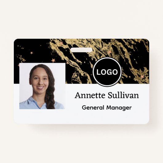 Glam Marble Black & Gold Corporate Employee Badge (Voorkant)