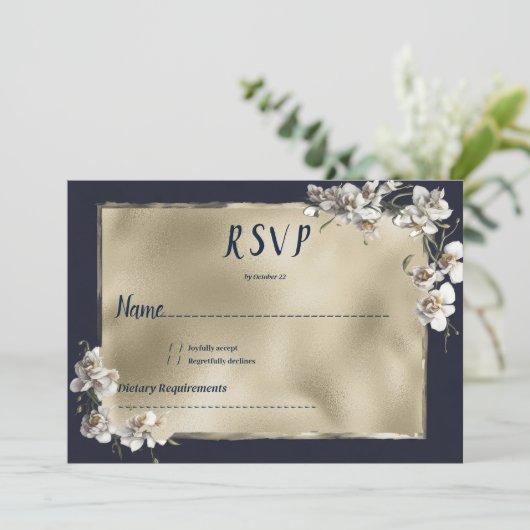 Glam marine blauw goud wit orchidee bloem RSVP Kaart (Staand voorkant)