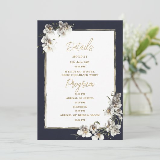 Glam marine blauw goud wit orchidee Details Progra Kaart (Staand voorkant)