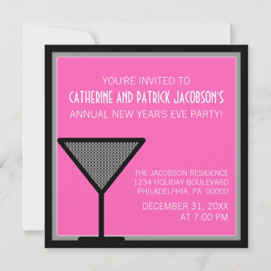 Glam Martini Invitation du Nouvel An, rose (Devant)