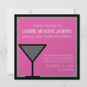 Glam Martini New Year's Invite, Pink Kaart