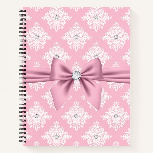 Glam Mauve Roze Bow Diamonds Wit Damast Notitieboek (Voorkant)