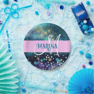 Glam Mermaid Aqua Gold Glitter Sparkles Monogram Papieren Bordje