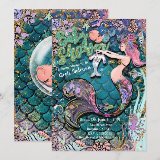 Glam Mermaid Gold Glitter Boys Baby shower Kaart (Voorkant / Achterkant)