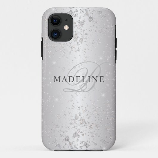Glam Metallic Silver Glitter naam Case-Mate iPhone Case (Achterkant)