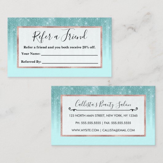 Glam Mint Green Aqua Glitter Striped Gradient Aanbevelingskaartje (Voorkant / Achterkant)