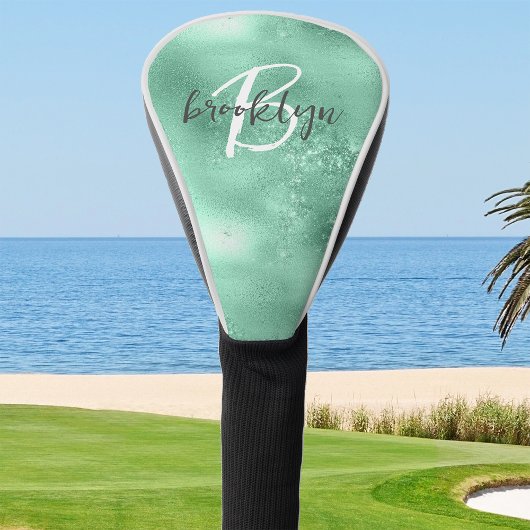 Glam Mint Green Trendy Script Monogram Golfheadcover
