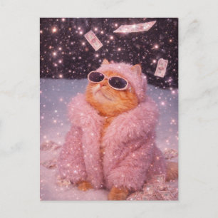 Glam Money Kat in Roze Bontjas en Zonnebril Briefkaart