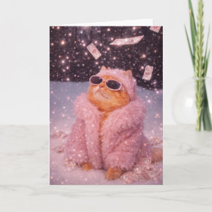 Glam Money Kat in Roze Bontjas en Zonnebril Kaart