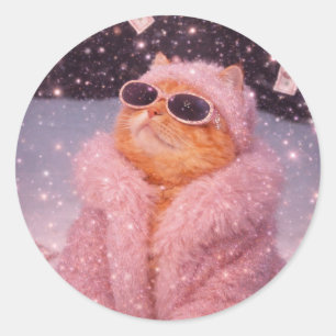 Glam Money Kat in Roze Bontjas en Zonnebril     Ronde Sticker