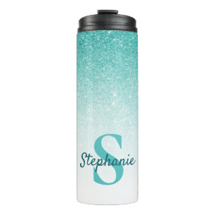 Glam Monogram Glitter Blauwgroen Ombre Thermosbeker