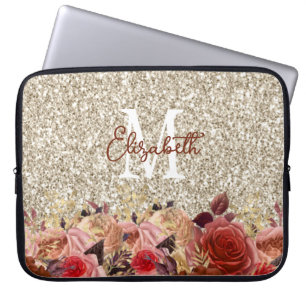 Glam Monogram Roze Goud Bloemen Licht Goud Glitter Laptop Sleeve