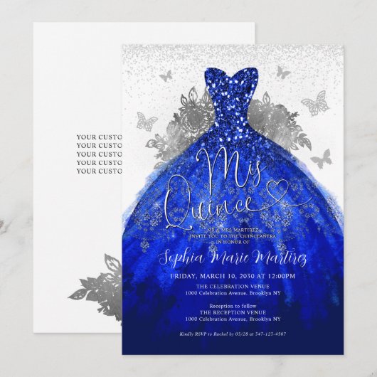 Glam Navy Blauw Zilveren Jurk Mis Quince Quinceañe Kaart (Voorkant / Achterkant)