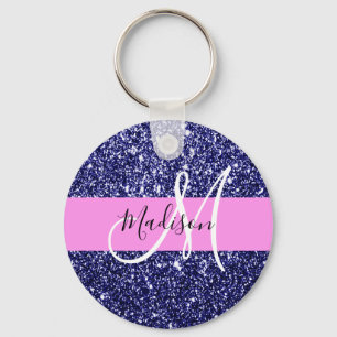Glam Navy Blauwe Roze Glitters Glans Naam Monogram Sleutelhanger