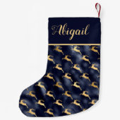 Glam Navy Blue Gold Reindeer Pattern, gepersonalis Kleine Kerstsok (Achterkant)