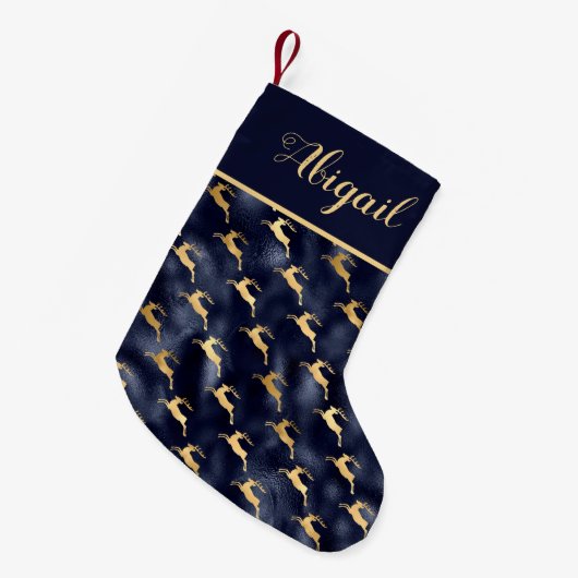 Glam Navy Blue Gold Reindeer Pattern, gepersonalis Kleine Kerstsok (Voorkant (Hangend))