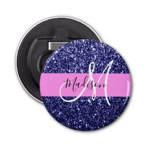 Glam Navy Blue Pink Glitter Sparkles Naam Monogram Button Flesopener