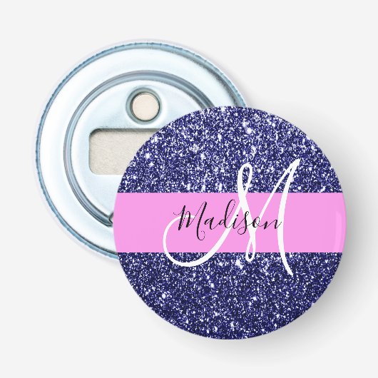 Glam Navy Blue Pink Glitter Sparkles Naam Monogram Button Flesopener (Voorkant)