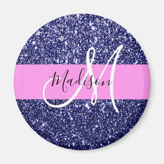 Glam Navy Blue Pink Glitter Sparkles Naam Monogram Magneet (Voorkant)