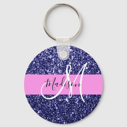 Glam Navy Blue Pink Glitter Sparkles Naam Monogram Sleutelhanger (Voorkant)