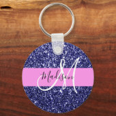 Glam Navy Blue Pink Glitter Sparkles Naam Monogram Sleutelhanger (Voorkant)