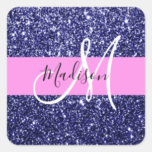 Glam Navy Blue Pink Glitter Sparkles Naam Monogram Vierkante Sticker