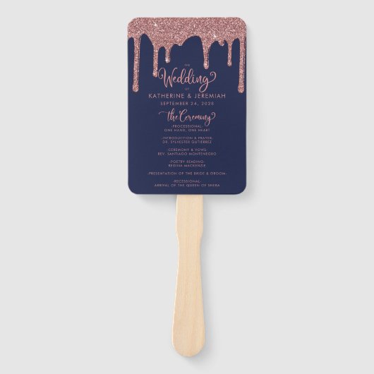 Glam Navy Blue Roos Gold Wedding Program Handwaaier (Voorkant)