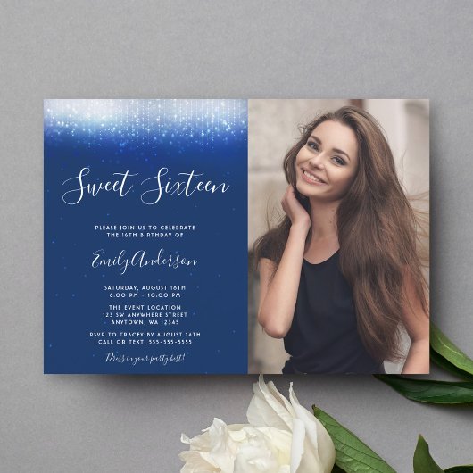 Glam Navy Blue Sweet 16 Foto Kaart