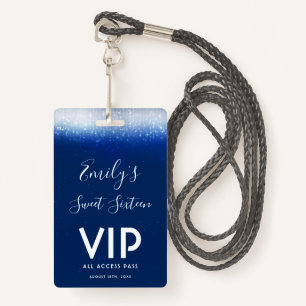 Glam Navy Blue Sweet 16 Invitation VIP Pass Badge