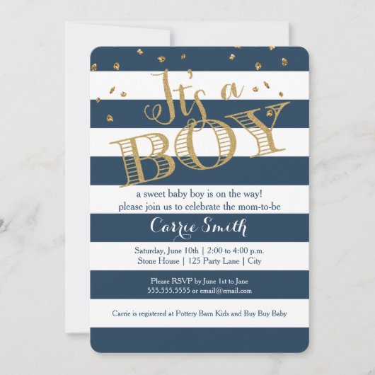Glam Navy Rugby Stripe Boy Baby shower Invitation (Devant)
