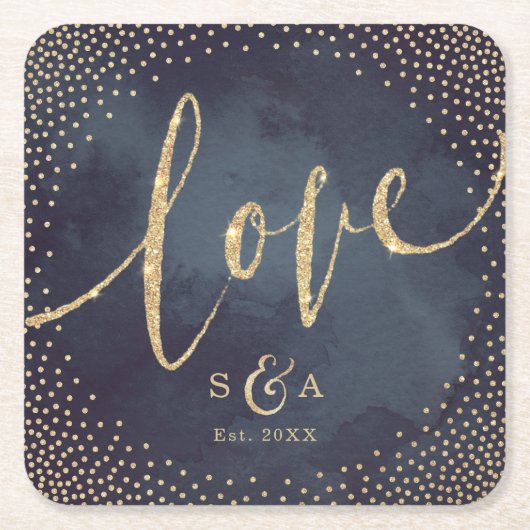 Glam night faux gold glitter bruiloft monogram vierkante kartonnen onderzetter (Voorkant)