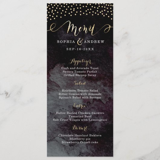 Glam noir faux or calligraphie mariage menu (Devant)