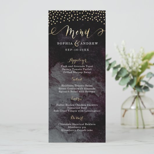 Glam noir faux or calligraphie mariage menu (Debout devant)