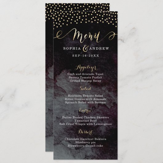 Glam noir faux or calligraphie mariage menu (Devant / Derrière)