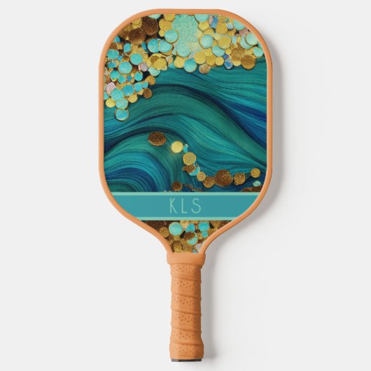 Glam Ocean Waves Blauwgroen & Gold Monogram Pickleball Paddle (Voorkant)