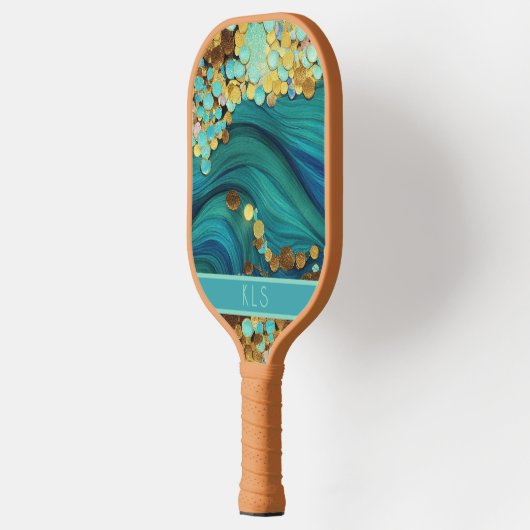 Glam Ocean Waves Blauwgroen & Gold Monogram Pickleball Paddle (Links)