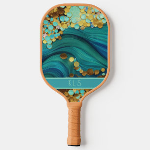 Glam Ocean Waves Blauwgroen & Gold Monogram Pickleball Paddle