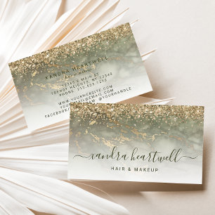 Glam Olijfgroen Goud Marmer Glitter Schrift Visitekaartje
