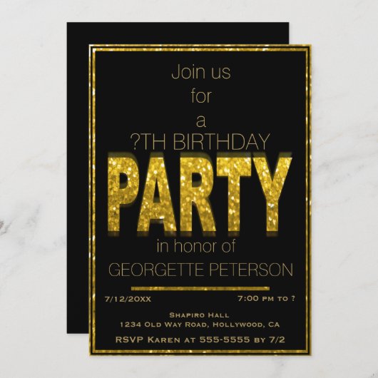 Glam Or | Invitation de fête d'anniversaire (Devant / Derrière)