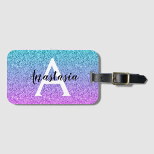 Glam Paars Aqua Glitter Sparkle Gradient Monogram Bagagelabel