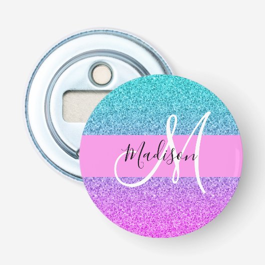 Glam Paars Aqua Glitter Sparkle Gradient Monogram Button Flesopener (Voorkant)