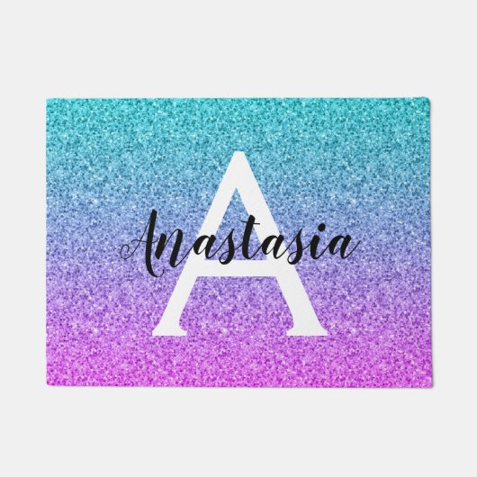 Glam Paars Aqua Glitter Sparkle Gradient Monogram Deurmat (Voorkant)